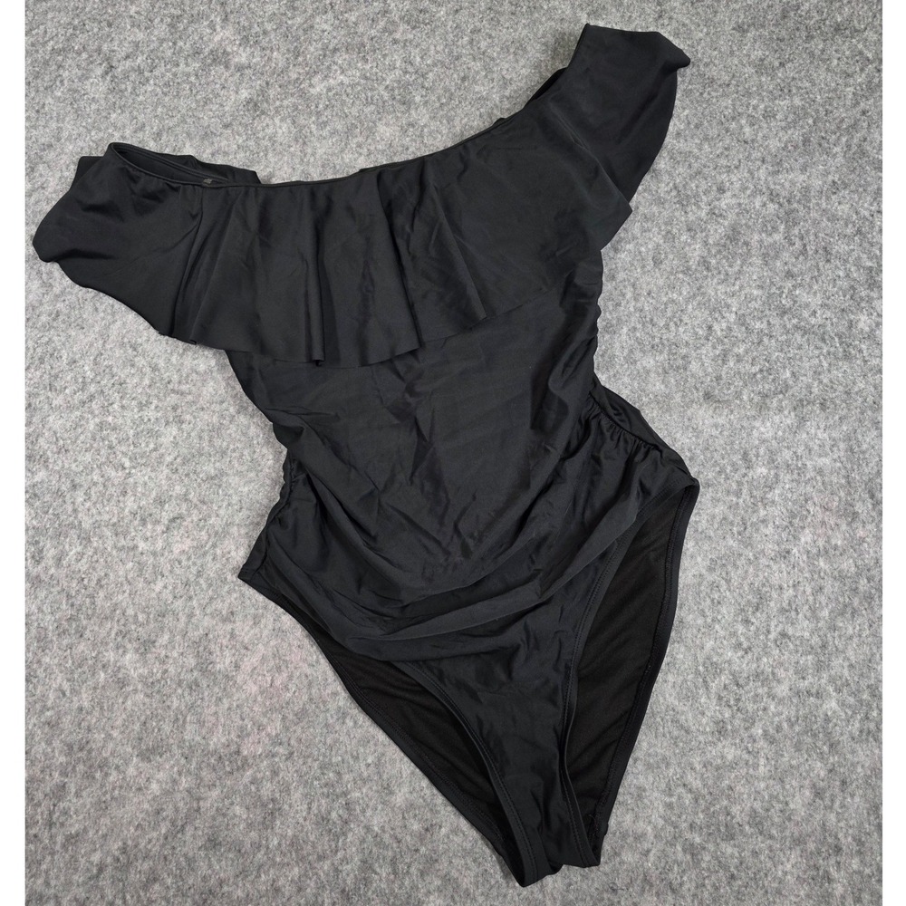 Hilor One Piece Swimsuit Black Ruffle Off Shoulder Lace Up Ruched 12 Swim Beach